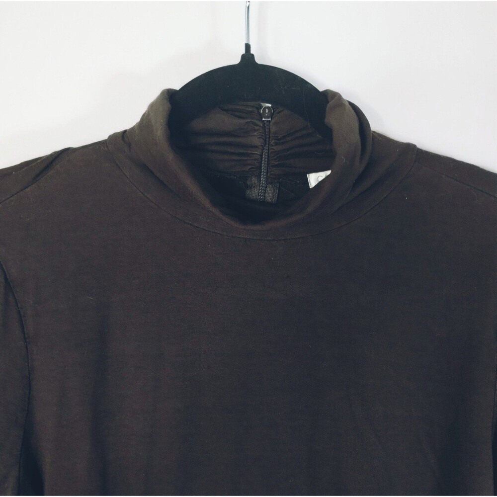 Preppy Brown Long Sleeve Knit Turtleneck Women's L Back Zip Stretch Basic Top